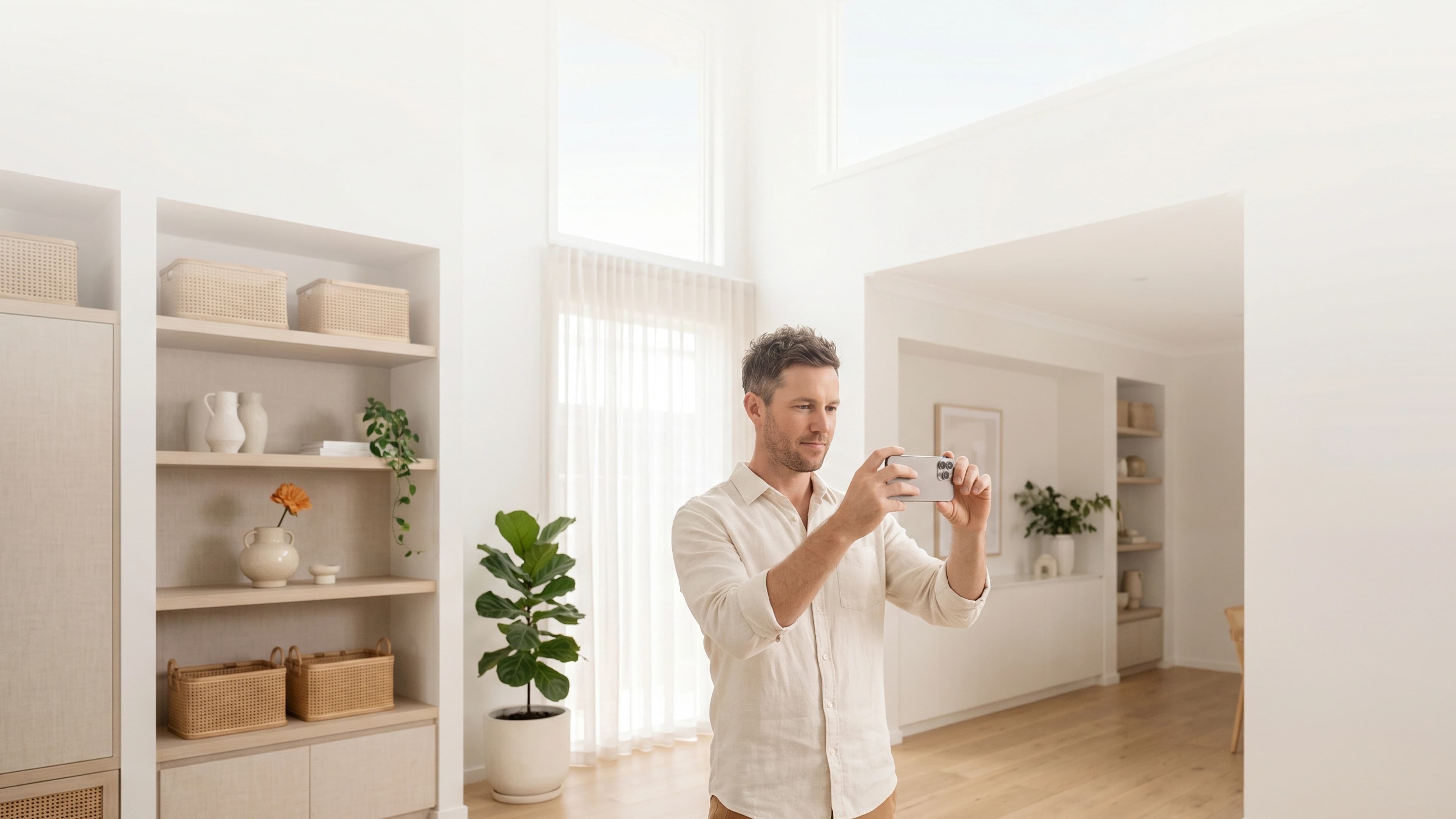 A real estate professional filming a property tour with their phone held horizontally