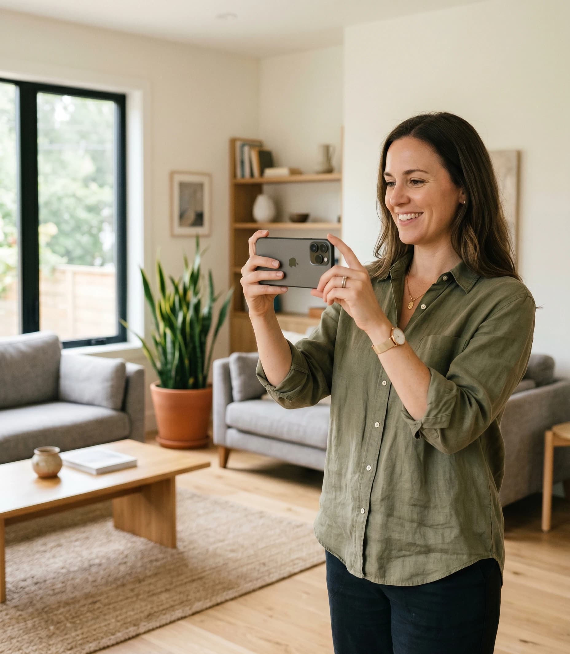 A real estate professional filming a property walkthrough on their phone